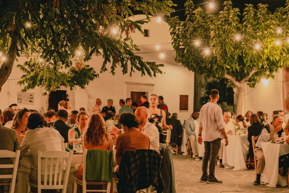 People gathering outdoors beneath trees and string lights