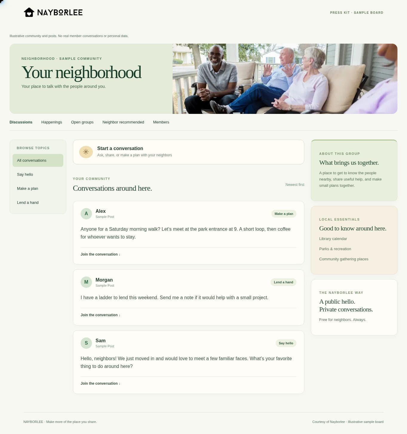 Sample Nayborlee board with fictional neighborhood conversations